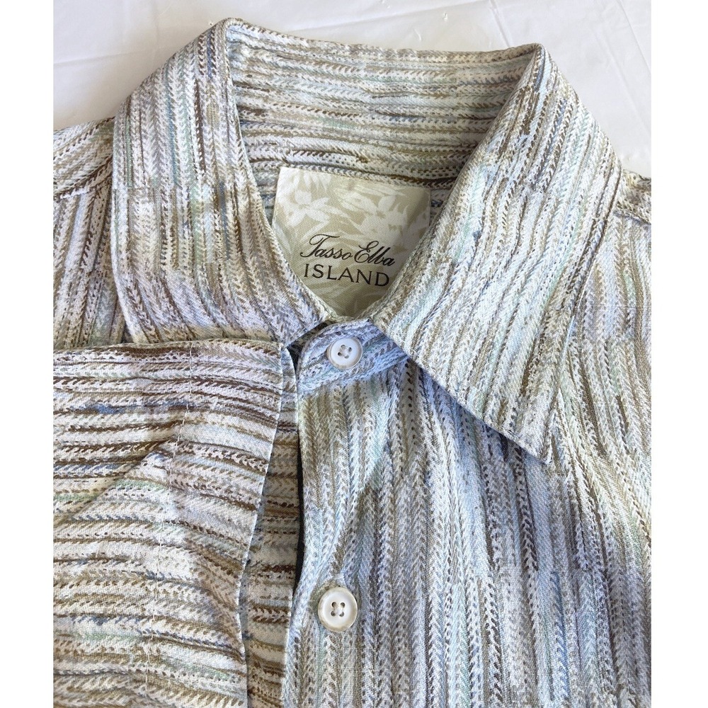 Tasso Elba Island Silk & Linen Button Down Shirt Textured Stripe Brown/ Blue Med
